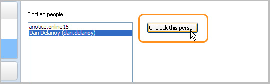Privacy settings panel showing unblock this person button